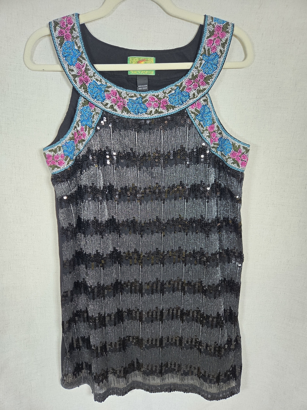 Tracy Porter Black Top with Pink and Blue Embroidered Trim